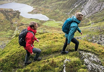 couple hiking wearing waterproof jackets
